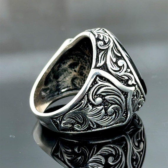 Silver Black Onyx Ring, Black Onyx Signet Ring, Round Mens Ring