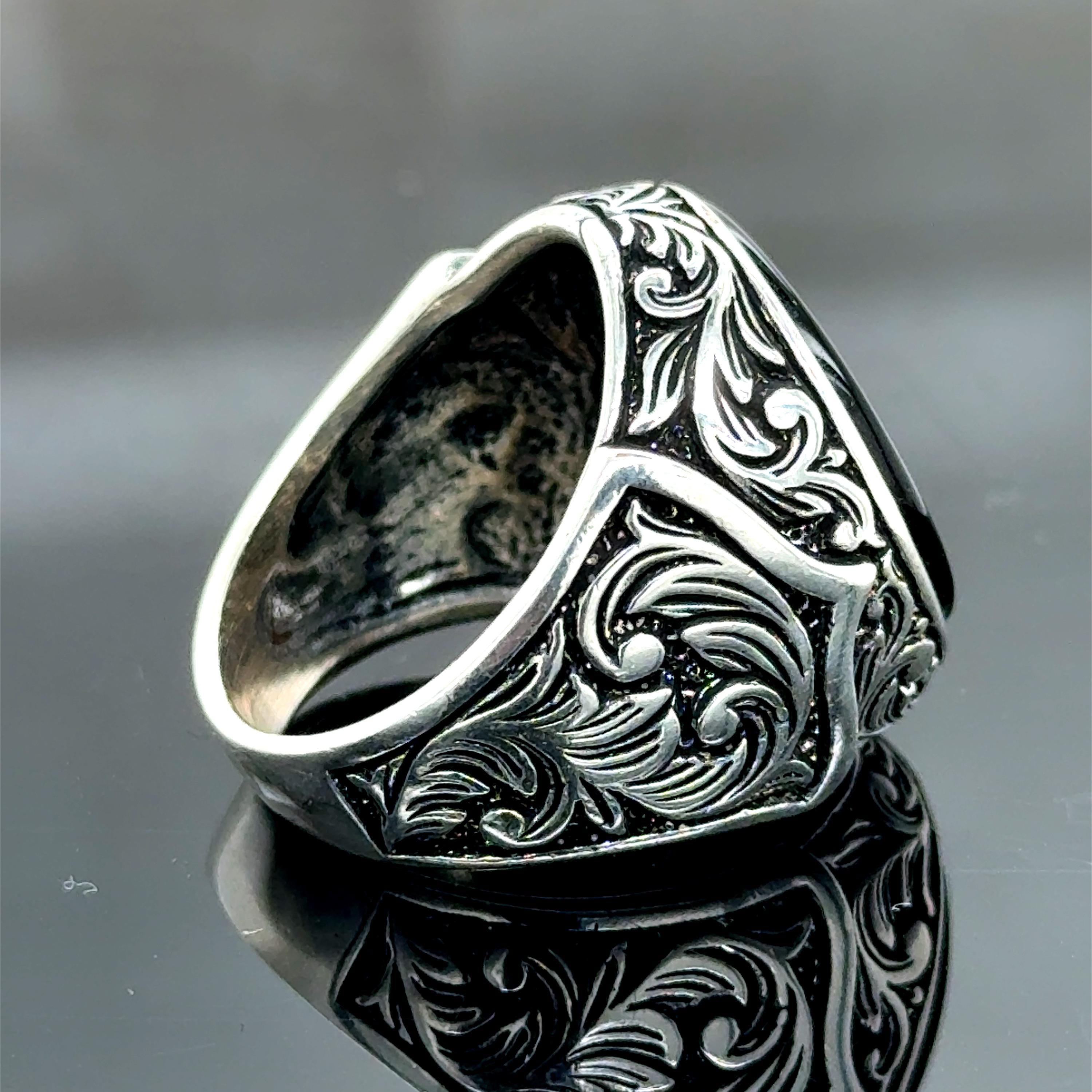 Silver Black Onyx Ring, Black Onyx Signet Ring, Round Mens Ring