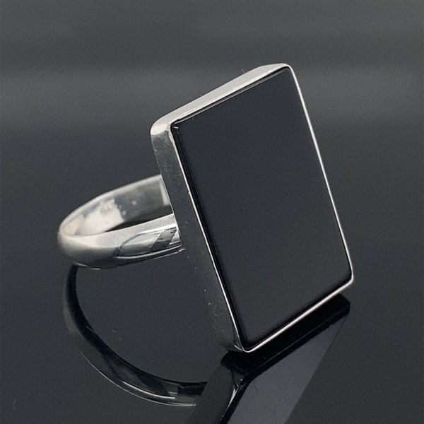 Bague en onyx noir , Bague en onyx rectangle , Bague en onyx faite à la main pour femmes , Bague en pierre précieuse plate , Bague en argent sterling 925k , Cadeau pour elle