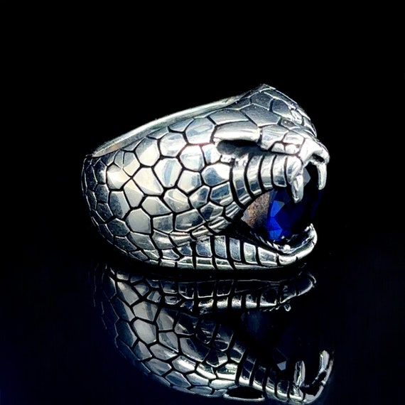 Silver Snake Ring, Sapphire Stone Snake Ring, Cobra Model Ring