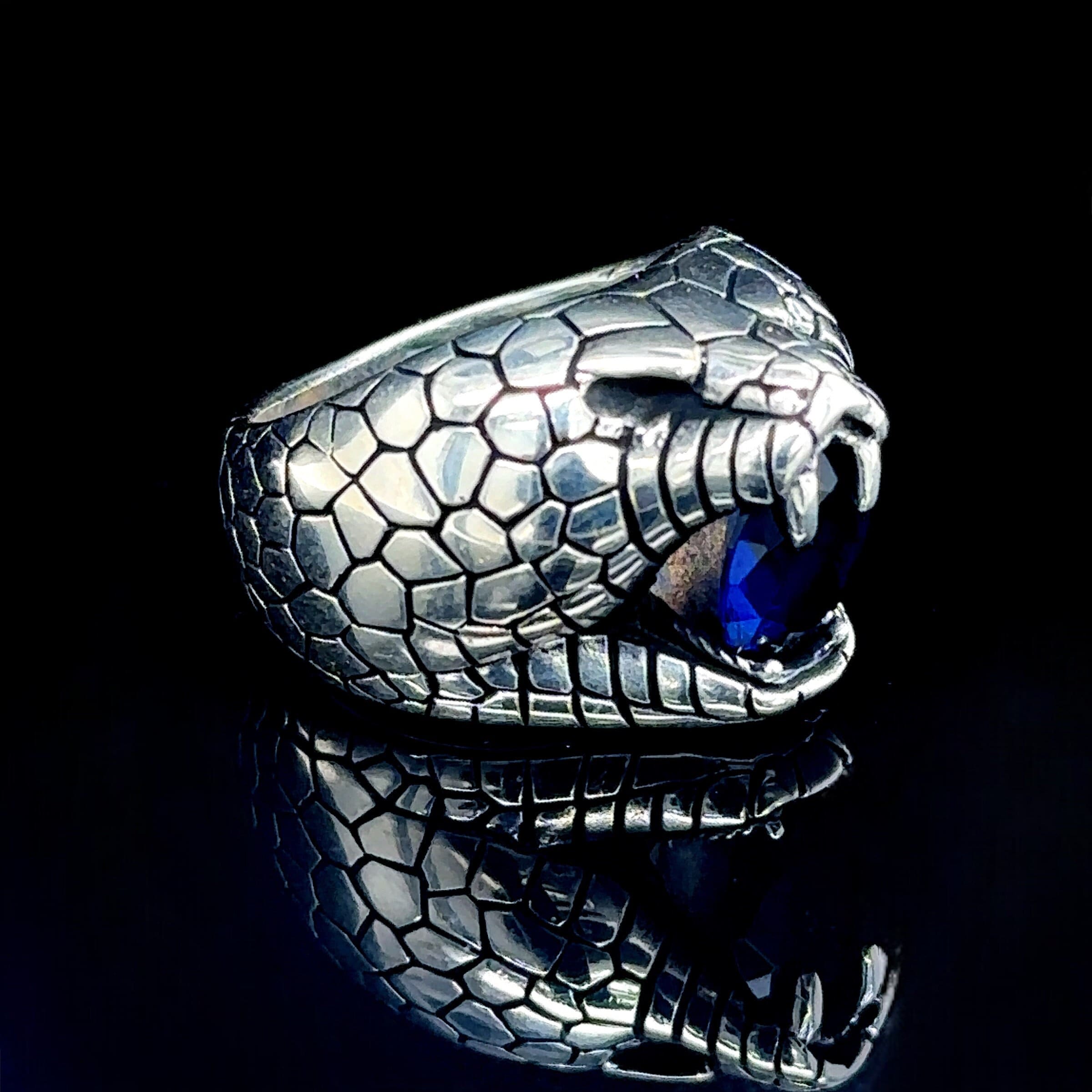 Silver Snake Ring, Sapphire Stone Snake Ring, Cobra Model Ring