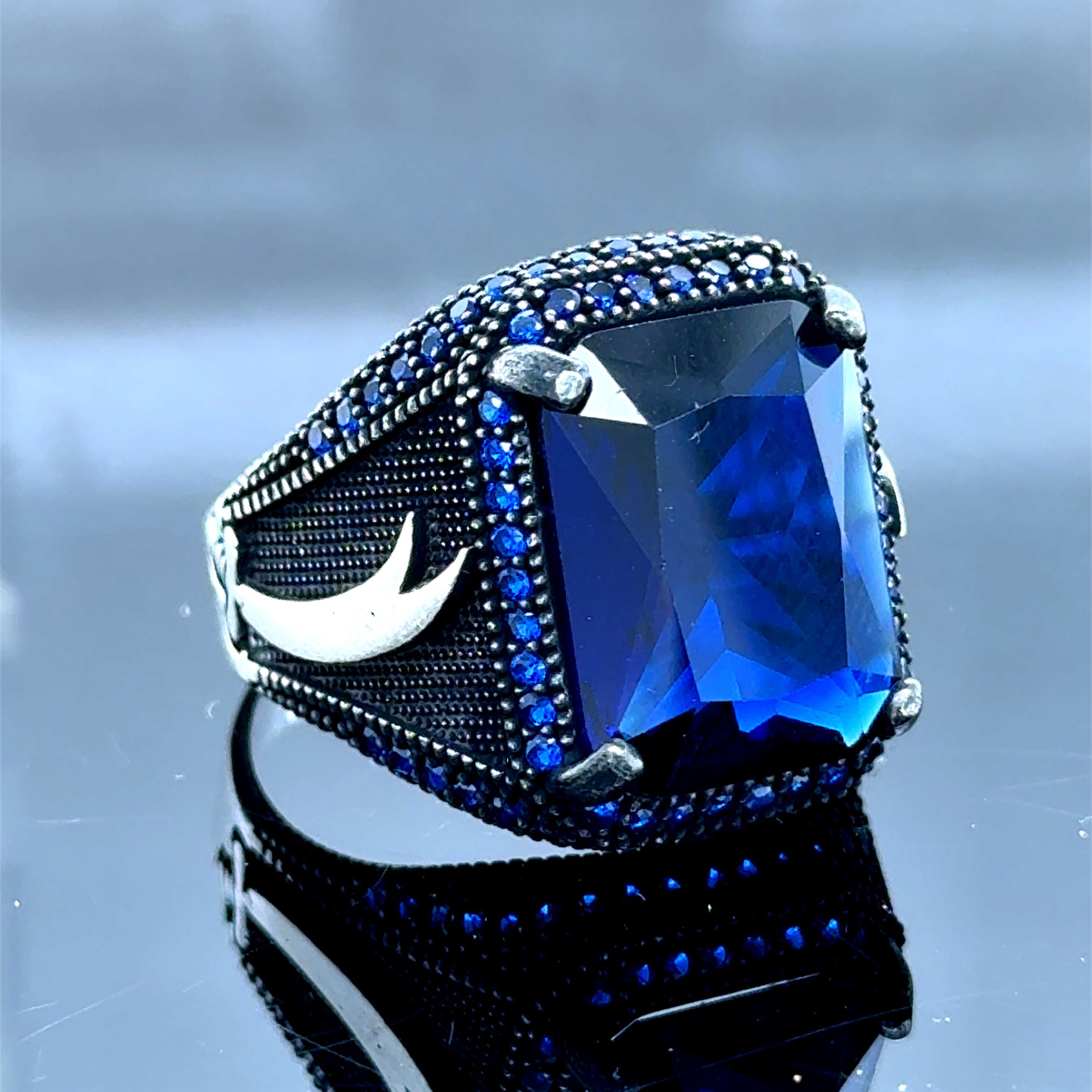 新品CTHY LUXURY MATERIAL ALL STONE RING １９ Men's Sapphire Stone Ring, Zulfiqar Sword Silver Ring, Blue Zircon