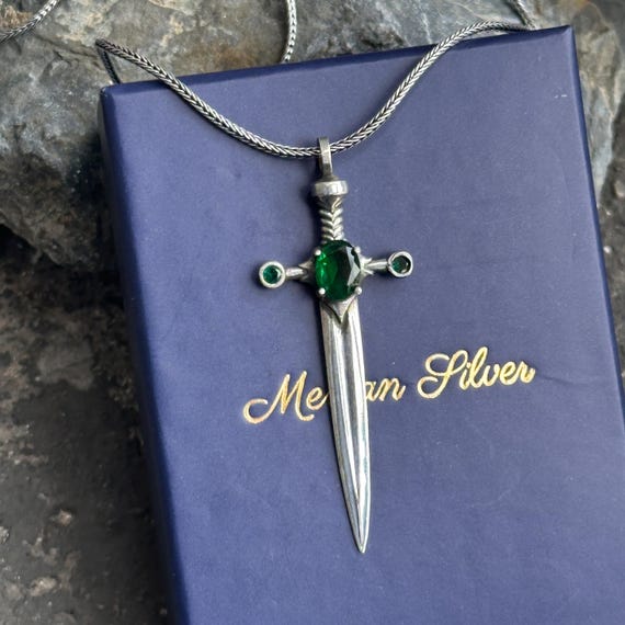 Men Silver Sword Pendant , Emerald Green Stone Sword Necklace 