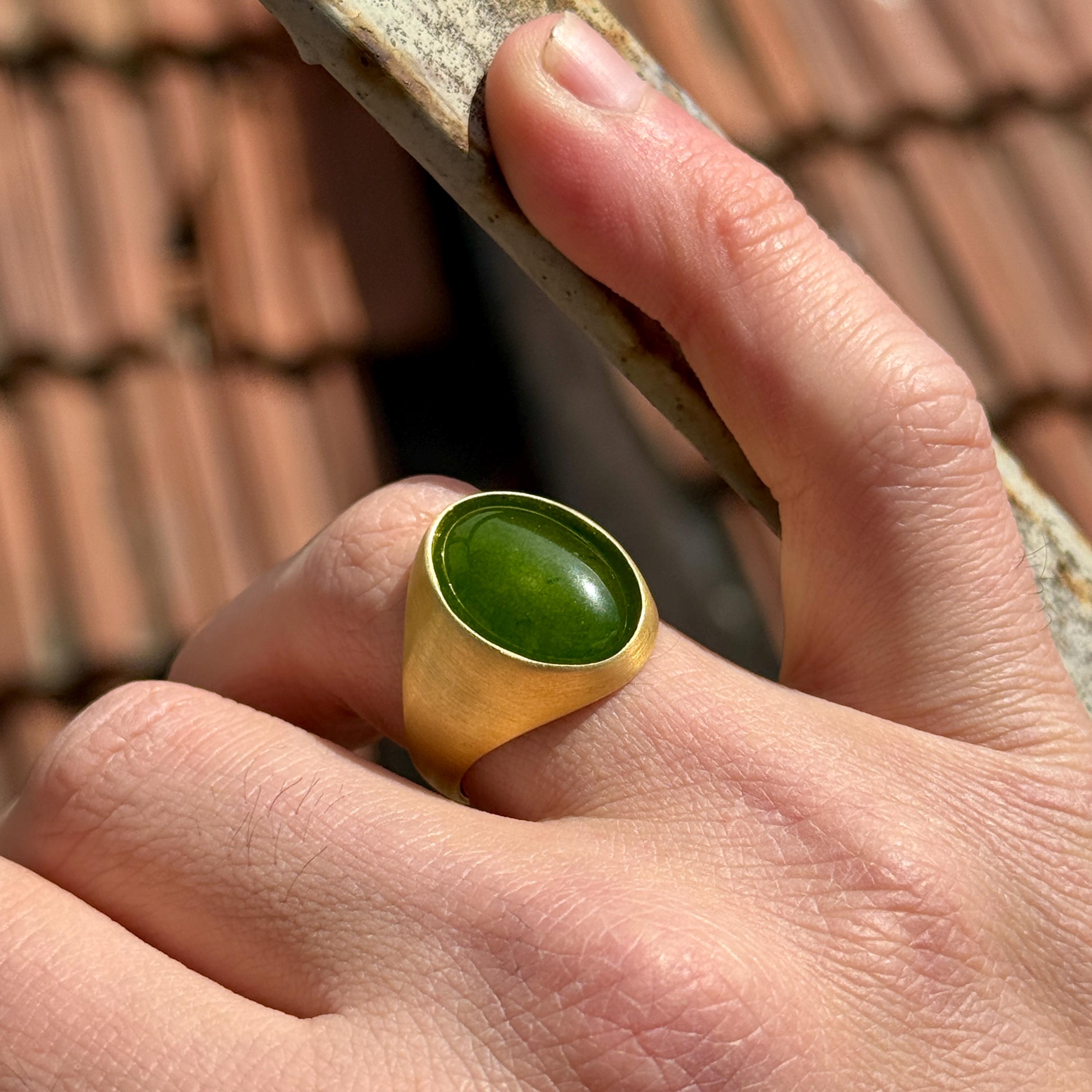Silver Minimal Jade Ring, Oval Gold Jade Signet Ring, Matte Gold