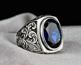Men Blue Stone Ring , Silver Sapphire Stone Ring , Turkısh Handmade Ring , Ottoman Style Ring , 925k Sterling Silver Ring , Gift For Him