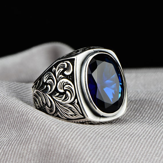 Men Blue Stone Ring , Silver Sapphire Stone Ring , Turkısh