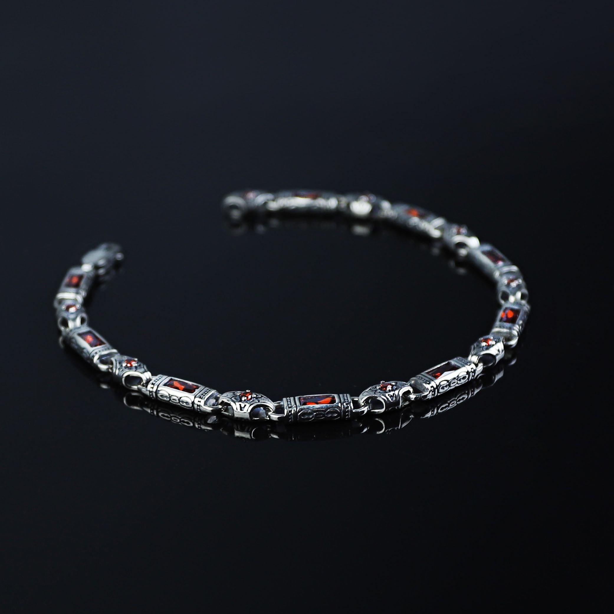 Ruby Stone Engraved Silver Chain Bracelet, Vintage Byzantine Chain