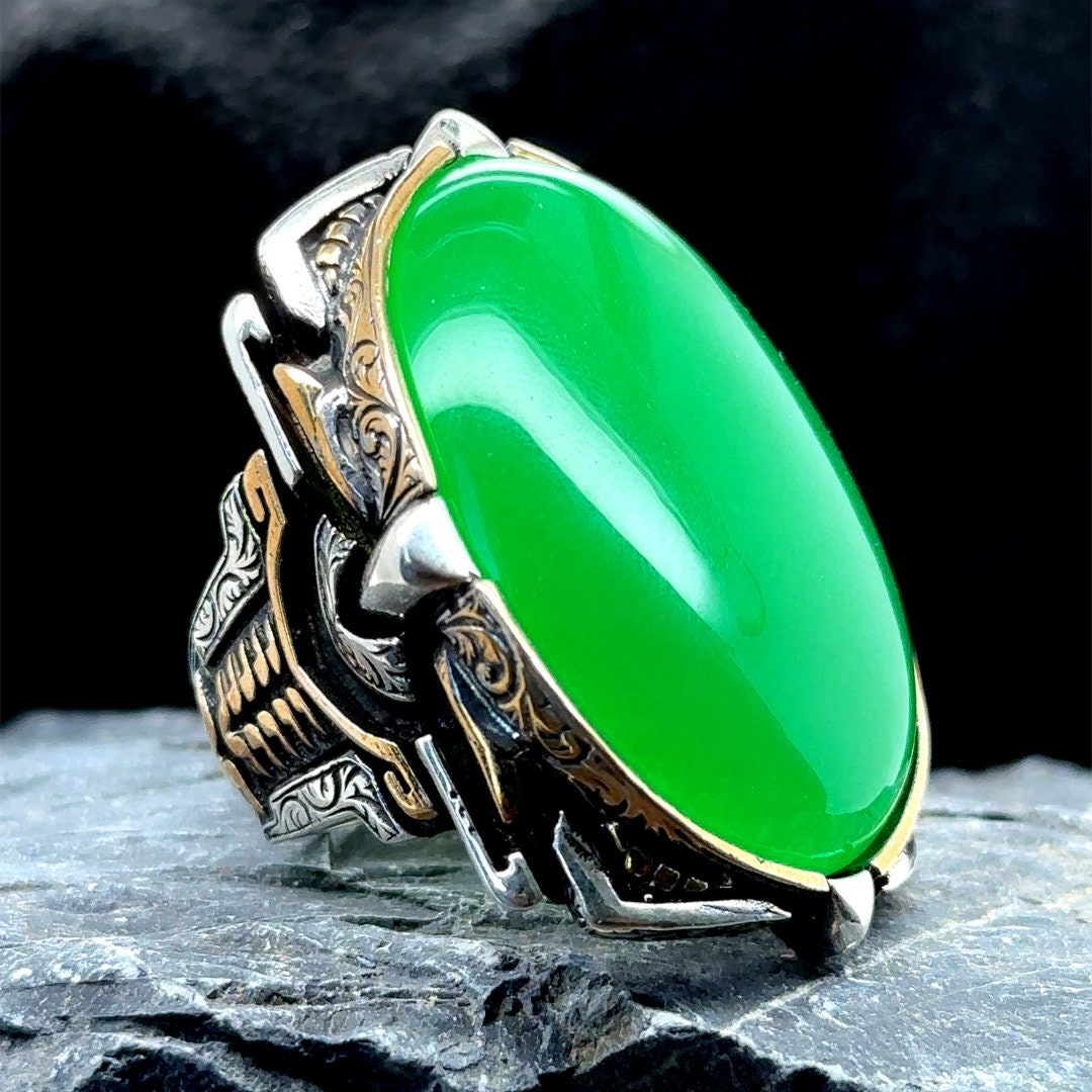 Silver Large Jade Stone Ring , Natural Green Jade Stone Ring
