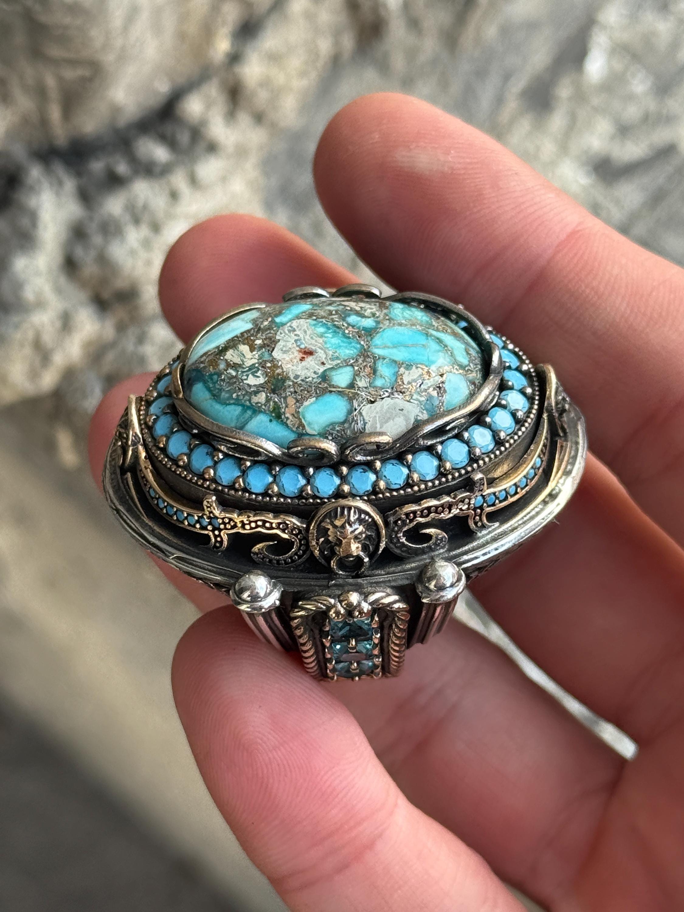 メンズ シルバー ターコイズ リング、レオン ソード フィギュア リング