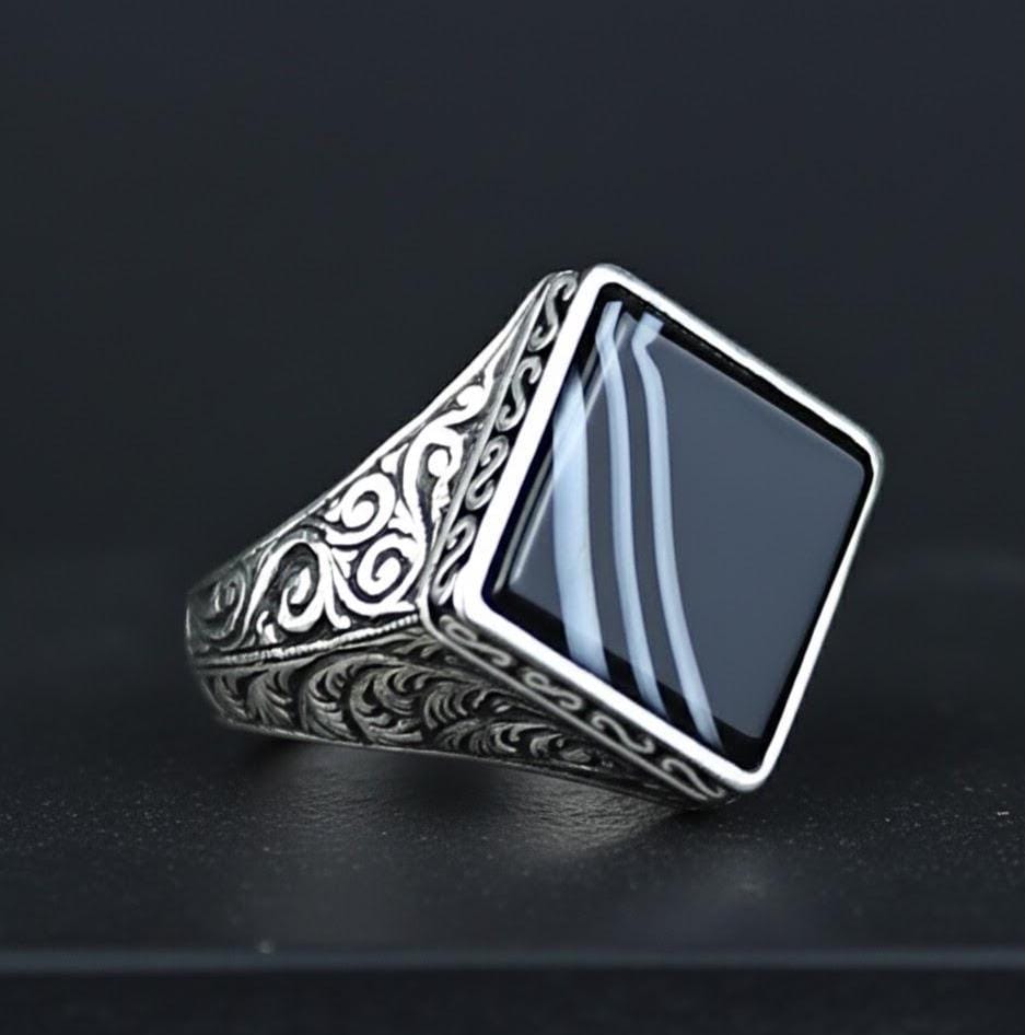 Silver Onyx Signet Ring , Square Men Onyx Wedding Ring for Men