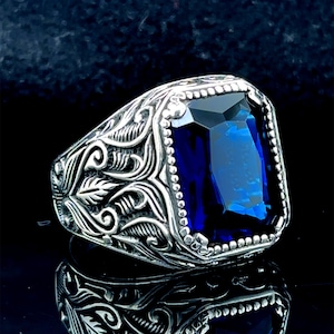 Mannen zilveren saffier blauwe stenen ring, handgemaakte Turkse handgemaakte ring, Ottomaanse stijl ring, 925k Sterling zilveren ring, cadeau voor hem