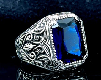 Men Silver Sapphire Blue Stone Ring , Handmade Turkısh Handmade Ring , Ottoman Style Ring , 925k Sterling Silver Ring , Gift For Him