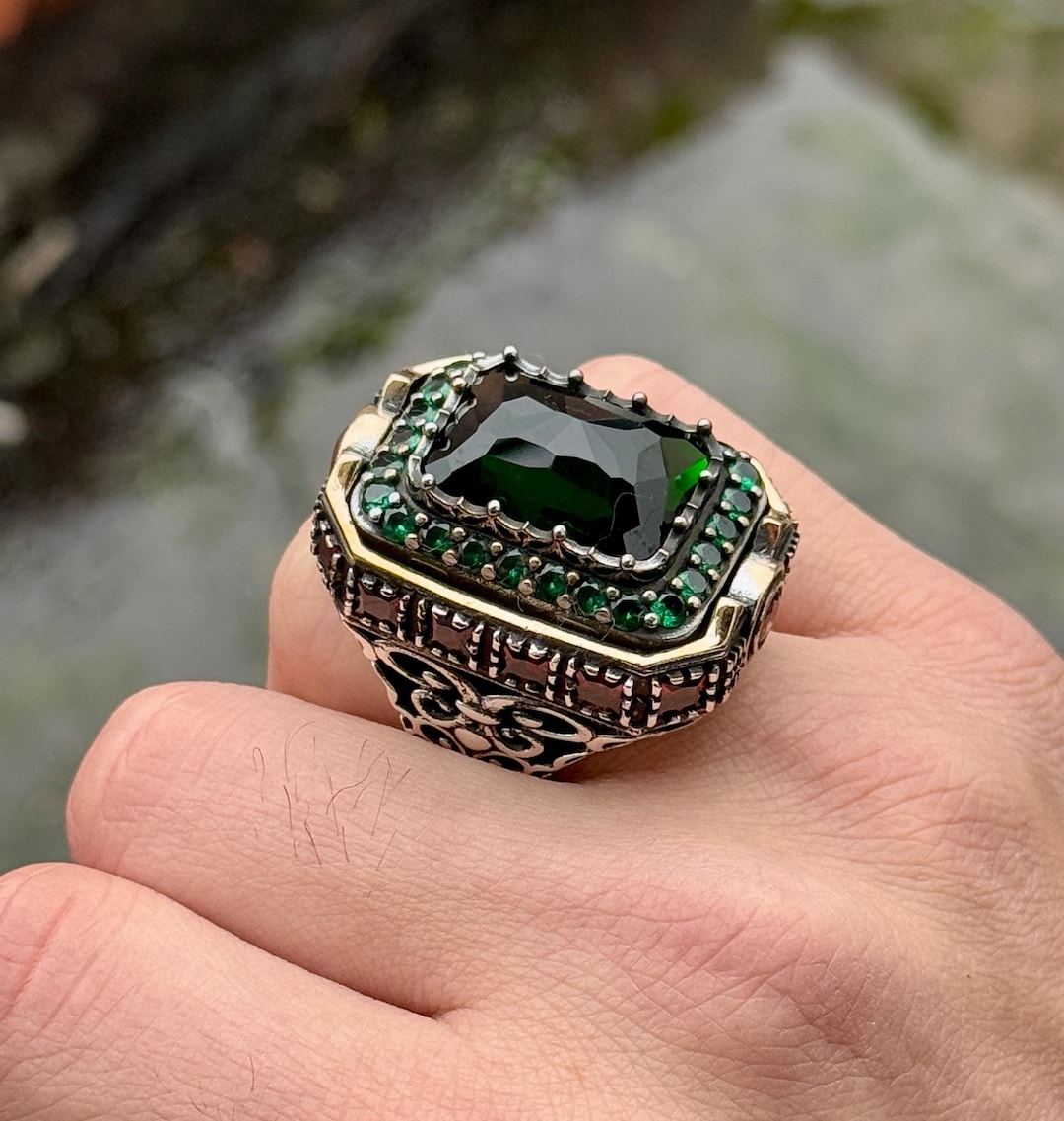 Anello Unisex In Pietra Nera Di Boemia E Cristallo Grigio AAA - Design Ovale Grande, Larghezza 38 Mm, Fatto A Mano, Vintage