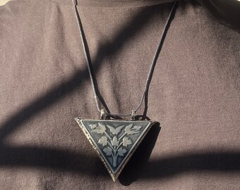 Triangle Amulet Prayer Pendant , Prayer Box Necklace, Silver