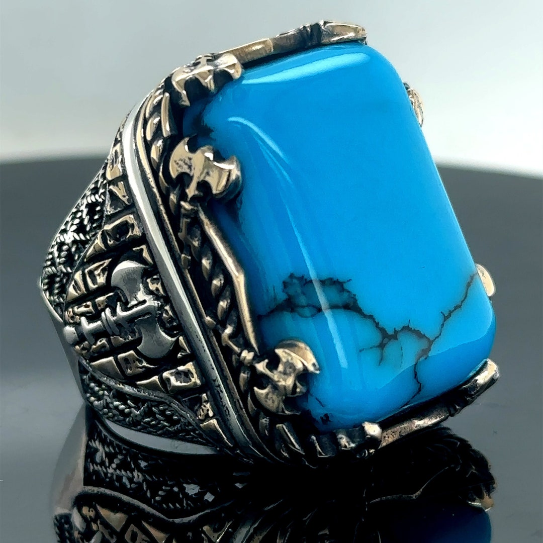 Men Silver Turquoise Stone Ring , Axe Model Ring , Silver Large Square ...