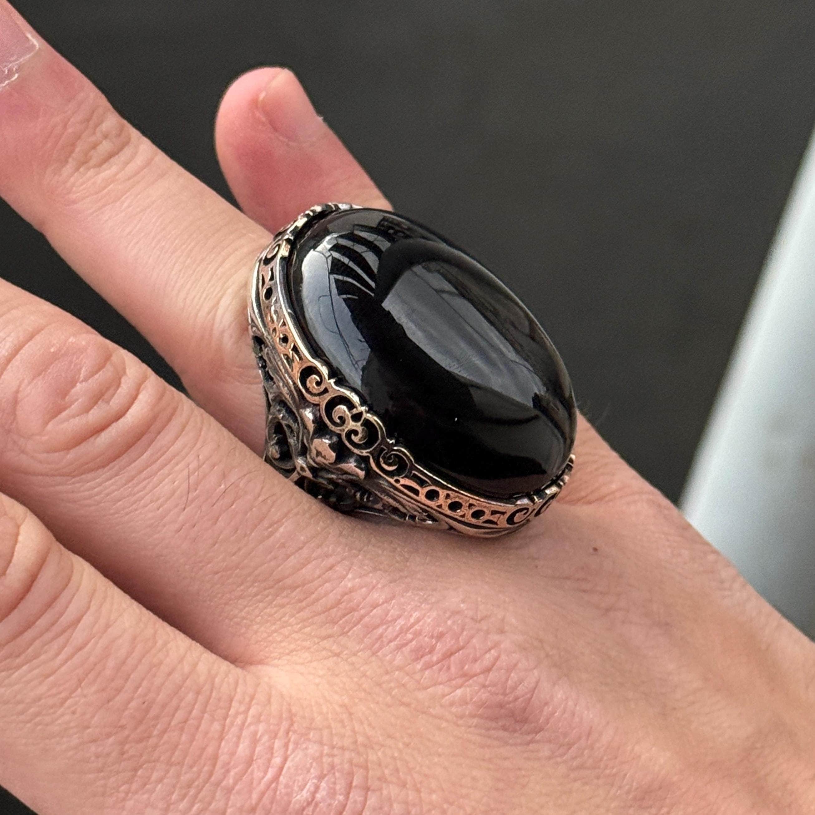 Silver Large Black Onyx Signet Ring , Silver Large Ottoman Style