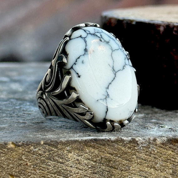 Silver Natural Turquoise Ring, Men Large White Turquoise Ring, Oval  Handmade Turquoise Ring Vintage Silver Ring, 925k Sterling Silver