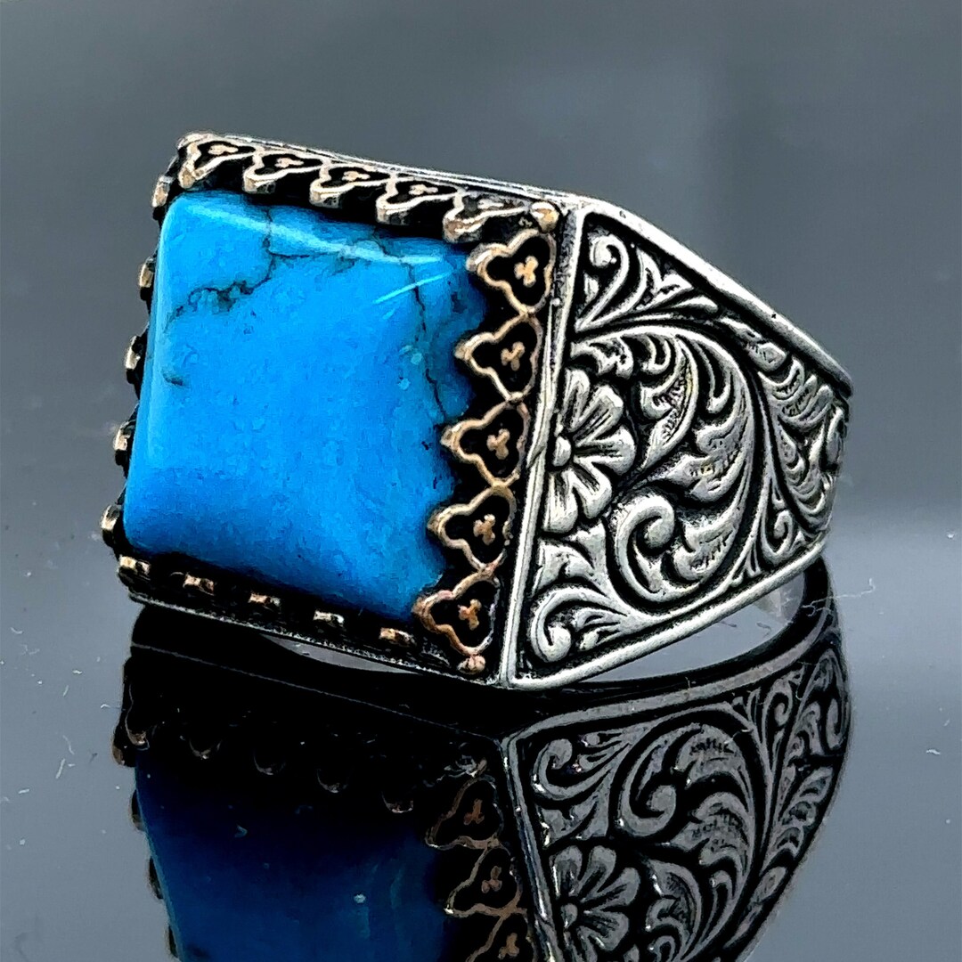 925 Sterling Silver Men Turquoise Signet Ring, Square Turquoise Ring ...