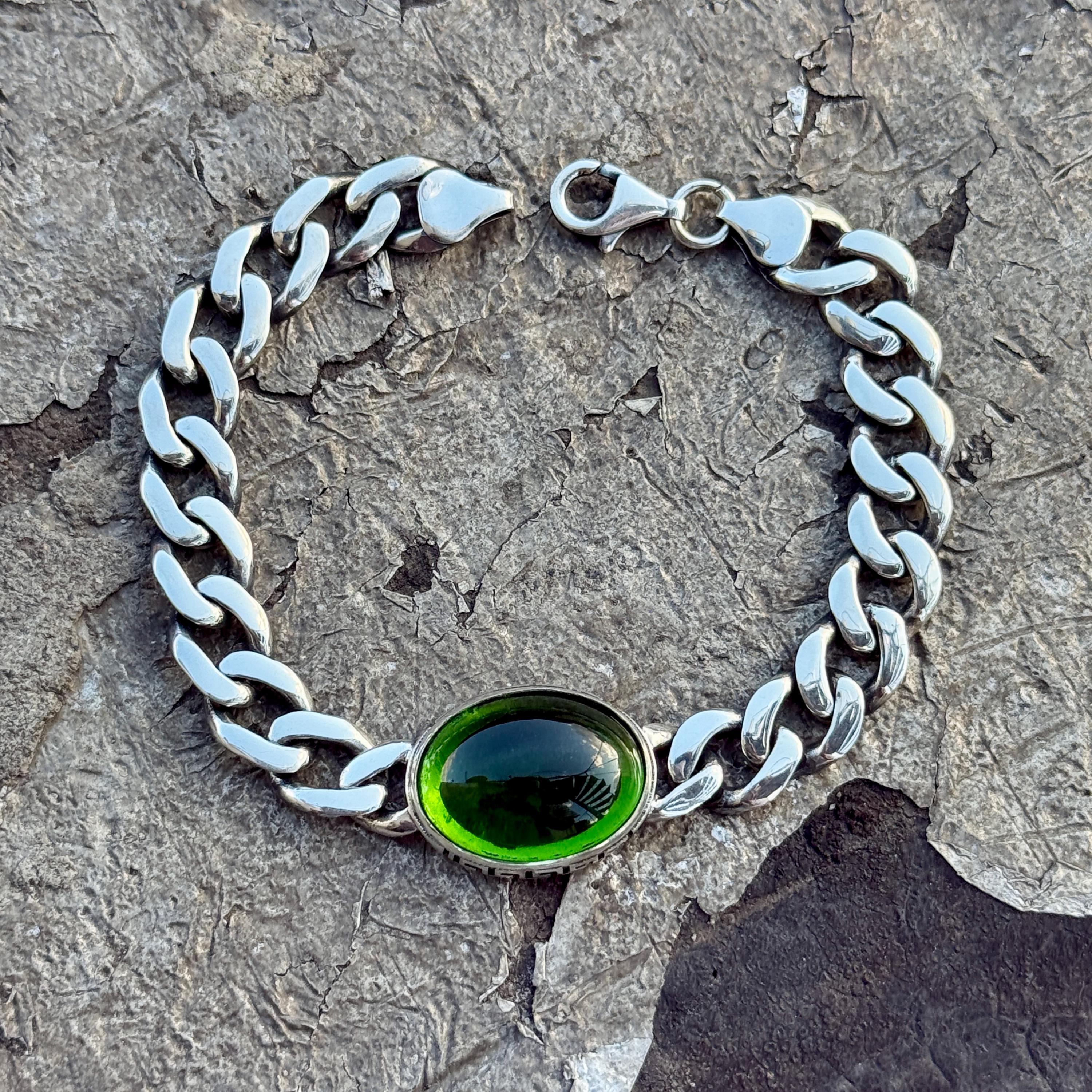 925 Silver Emerald Stone Chain Bracelet, Cuban Chain Bracelet