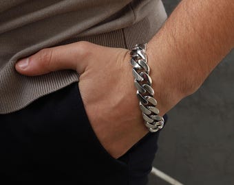 メンズシルバー18mmカーブチェーンブレスレット、ヘビーメンズカーブ