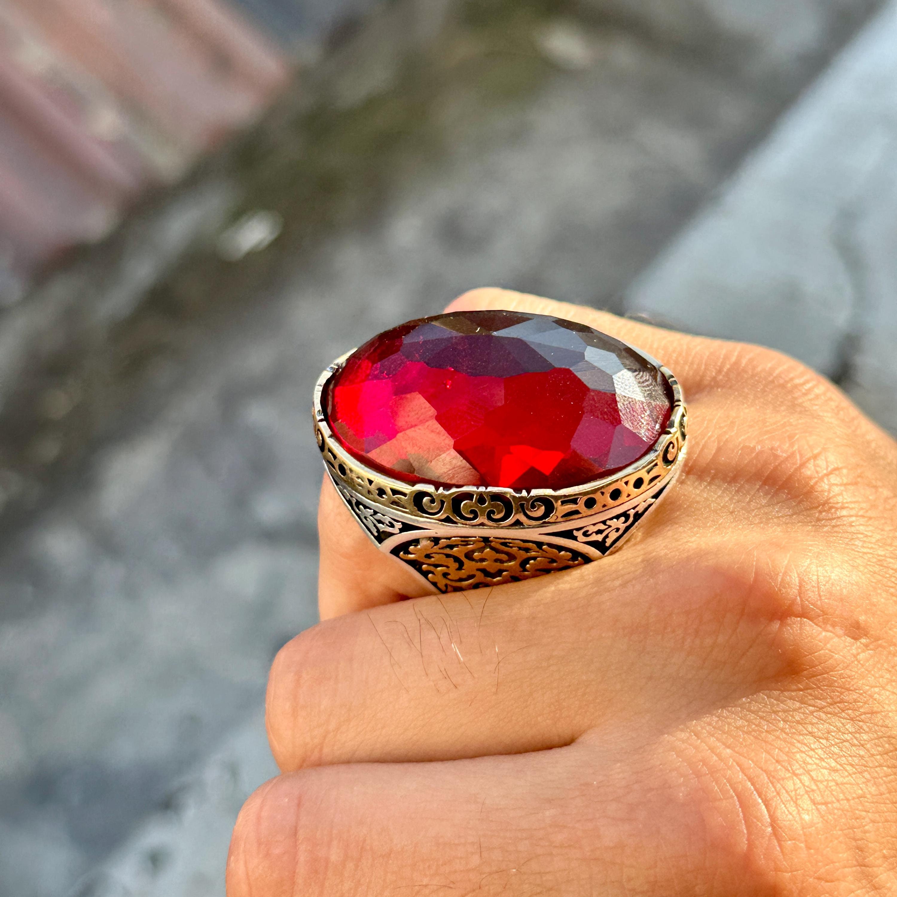 Man Handmade Large Red Ruby Ring , Silver Ruby Stone Ring , Zircon