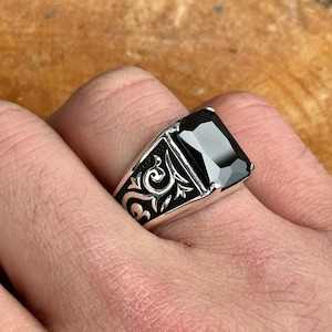 Men Handmade Ring , Black Stone Ring , Square Onyx Stone Ring , Ottoman Style Embroidered Ring , 925k Sterling Silver Ring , Gift For Him