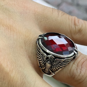 Men Handmade Eagle Ring , Ruby Stone Ring , Silver Red Ruby Stone Ring , 925k Sterling Silver Ring ,  Handmade American Eagle Mens Ring