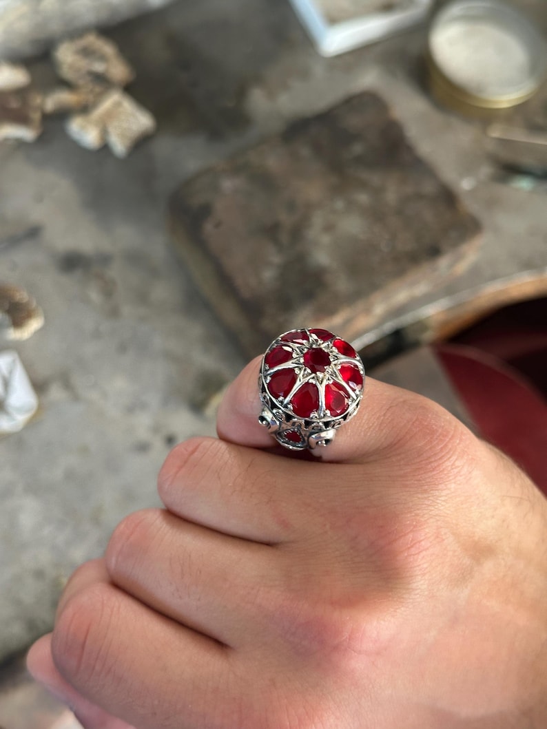 Men Handmade Ruby Stone Ring, Engraved Unique Men Red Gemstone Ring