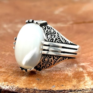 Mother Of Pearl Signet Ring, Sterling Silver Men Ring, Minimal Pearl Ring, Genuine Pear Ring, Turkish Handmade Ring, Gift For Men