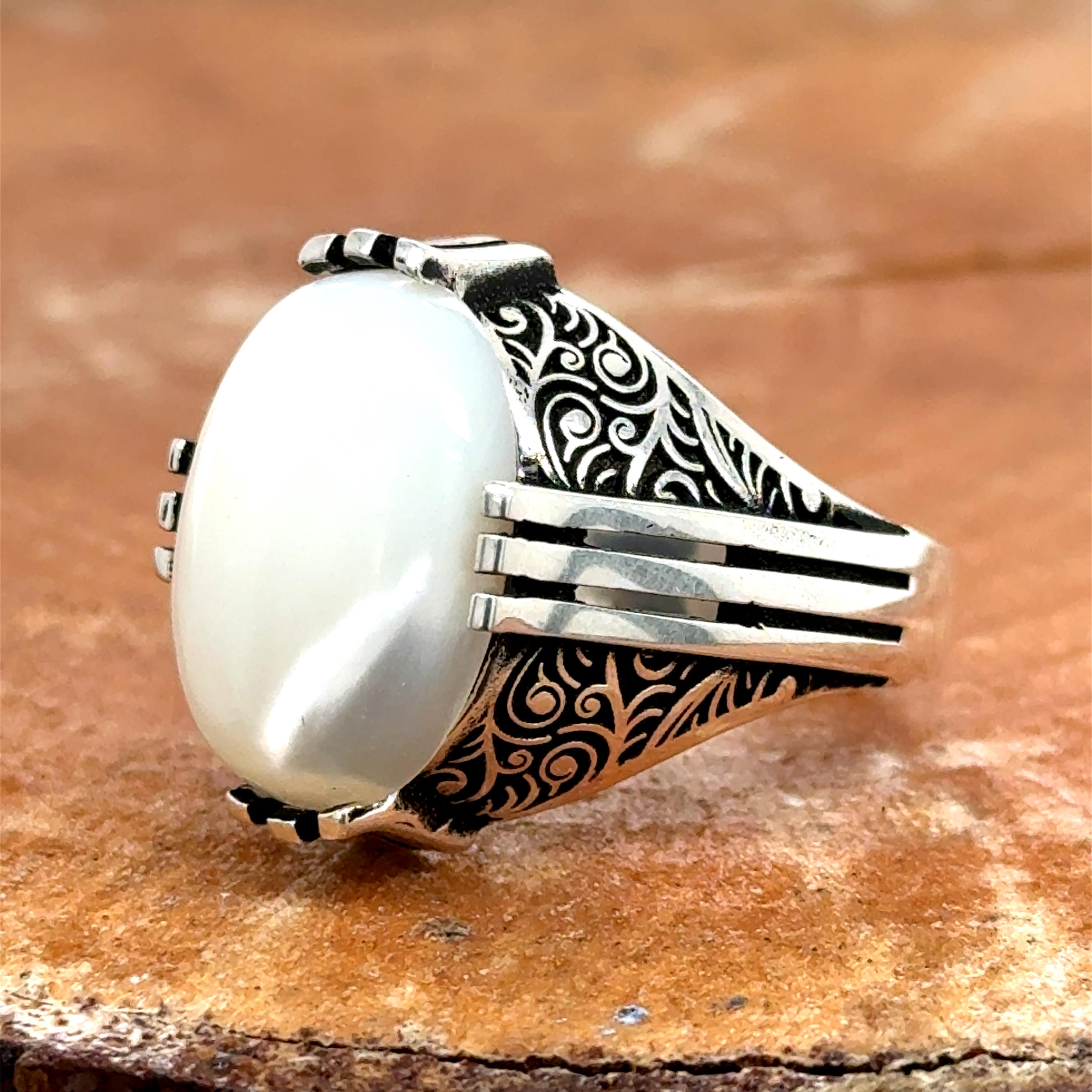 Mother of Pearl Signet Ring, Sterling Silver Men Ring, Minimal