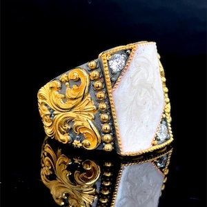 Men Gold Mother Of Pearl Ring, Gold Engraved Pearl Mens Ring, Men Silver Mother Of Pearl Ring, Turkish Handmade Ring , 925k Sterling Silver