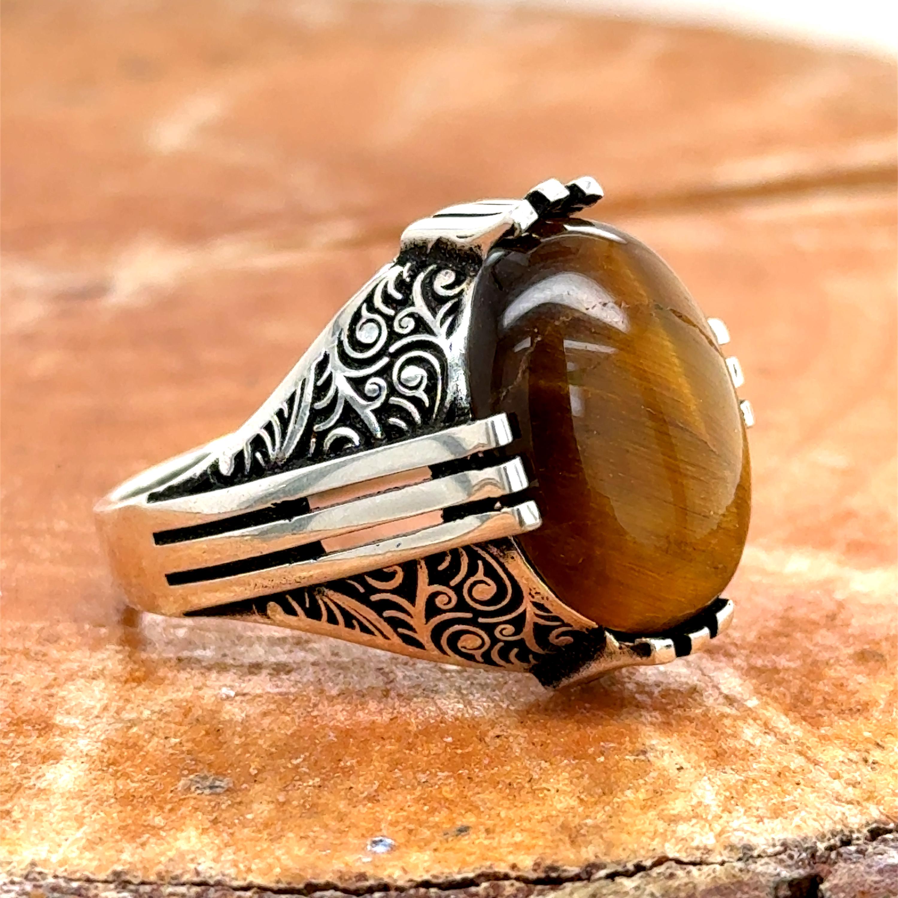 Tiger Eye Gemstone Ring, Sterling Silver Tiger Eye Ring, Mens