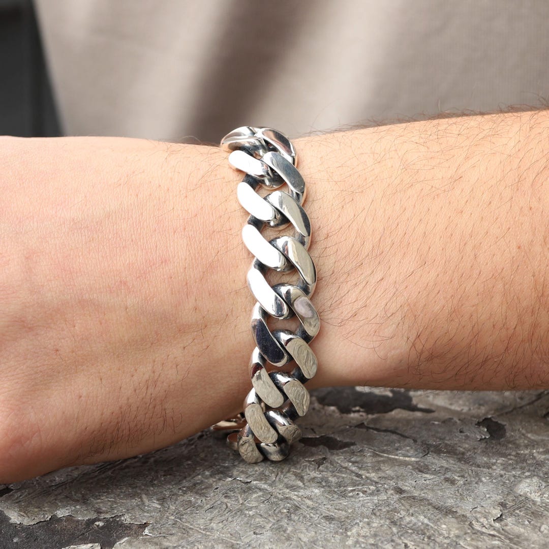 Man Silver 18MM Curb Chain Bracelet, Heavy Men Curb Chain Bracelet