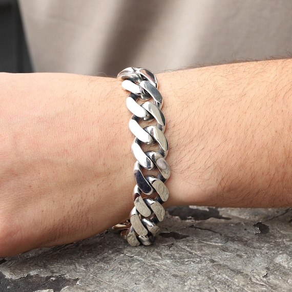 メンズシルバー18mmカーブチェーンブレスレット、ヘビーメンズカーブ