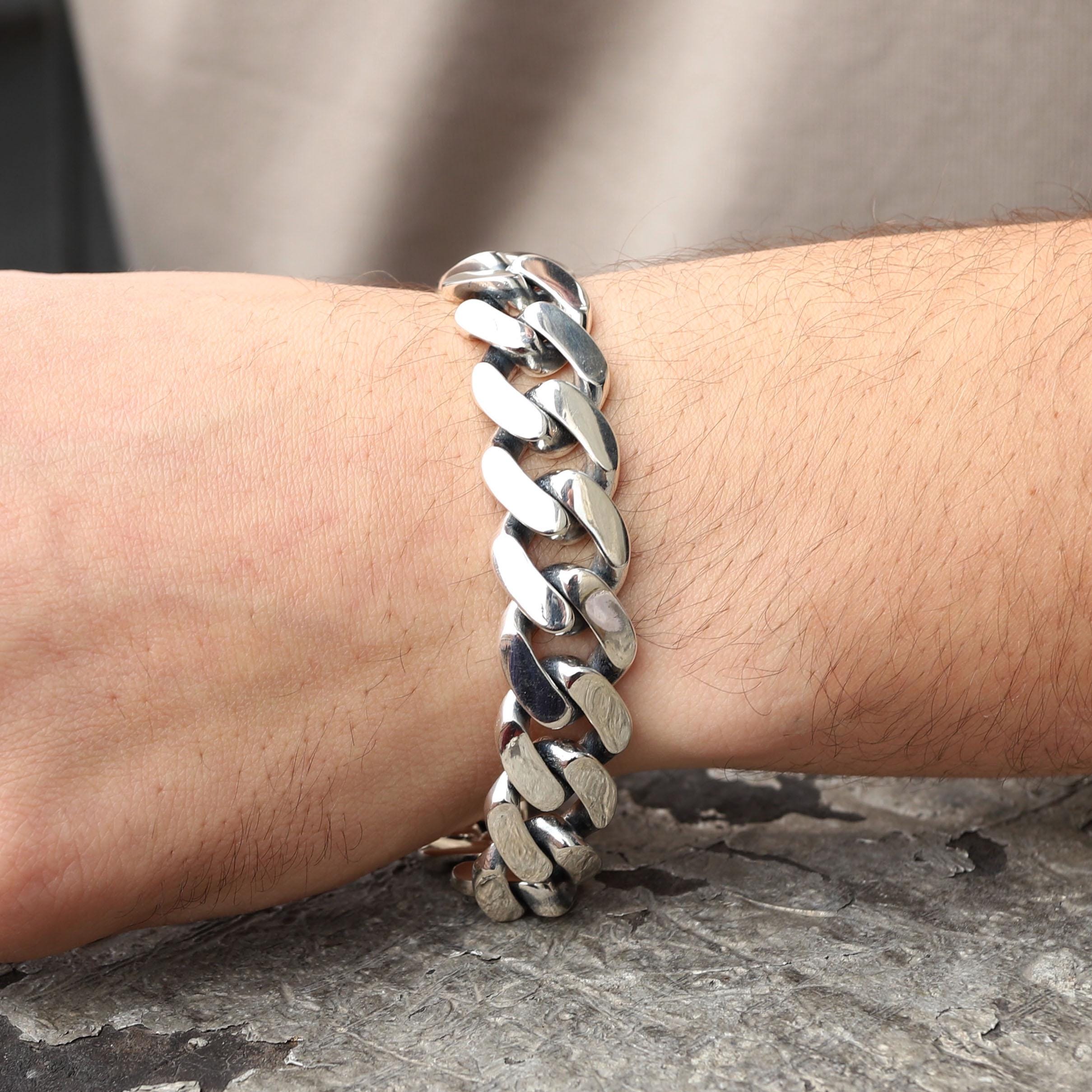 Man Silver 18MM Curb Chain Bracelet, Heavy Men Curb Chain Bracelet