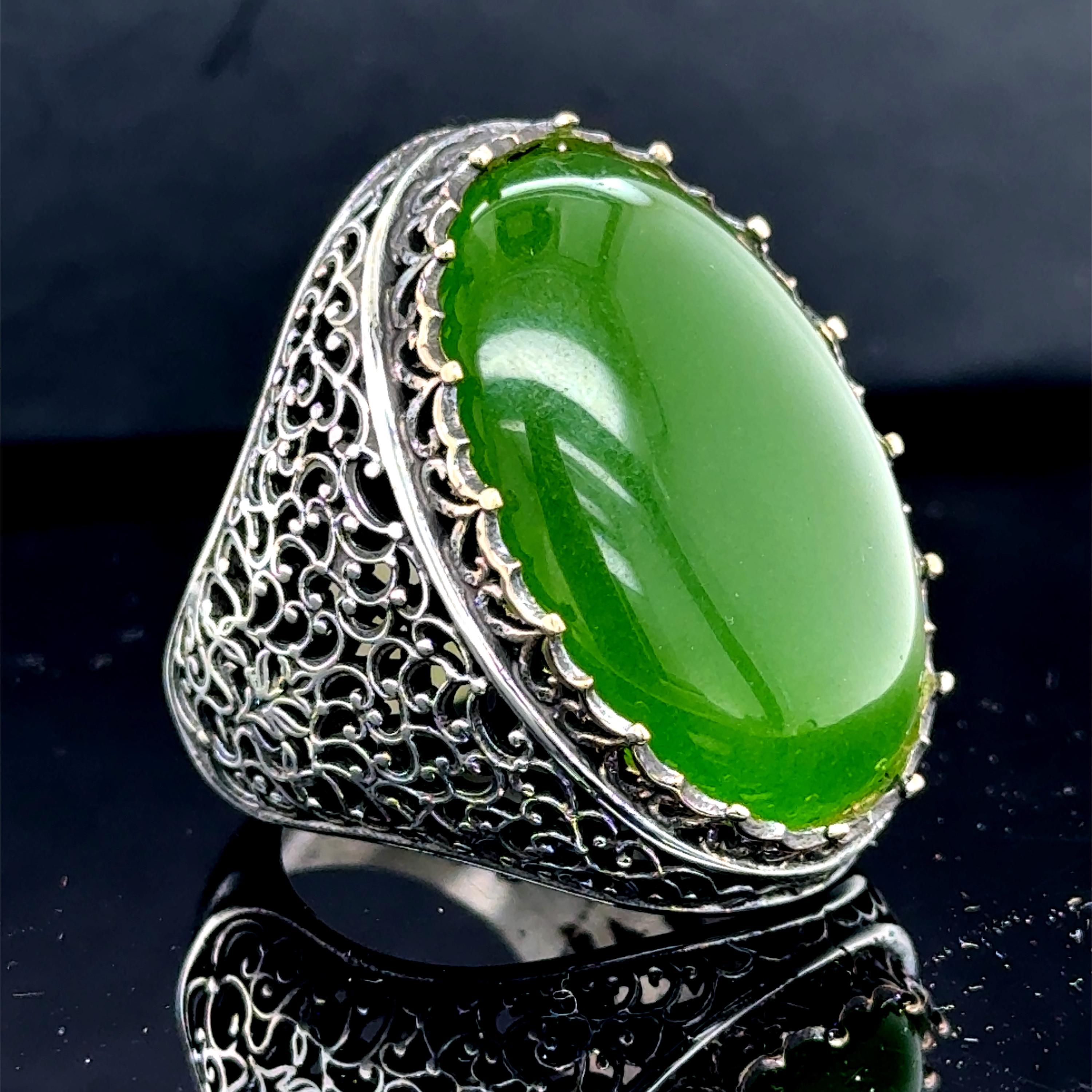 Silver Green Jade Stone Ring, Natural Jade Ring, Large Men Jade