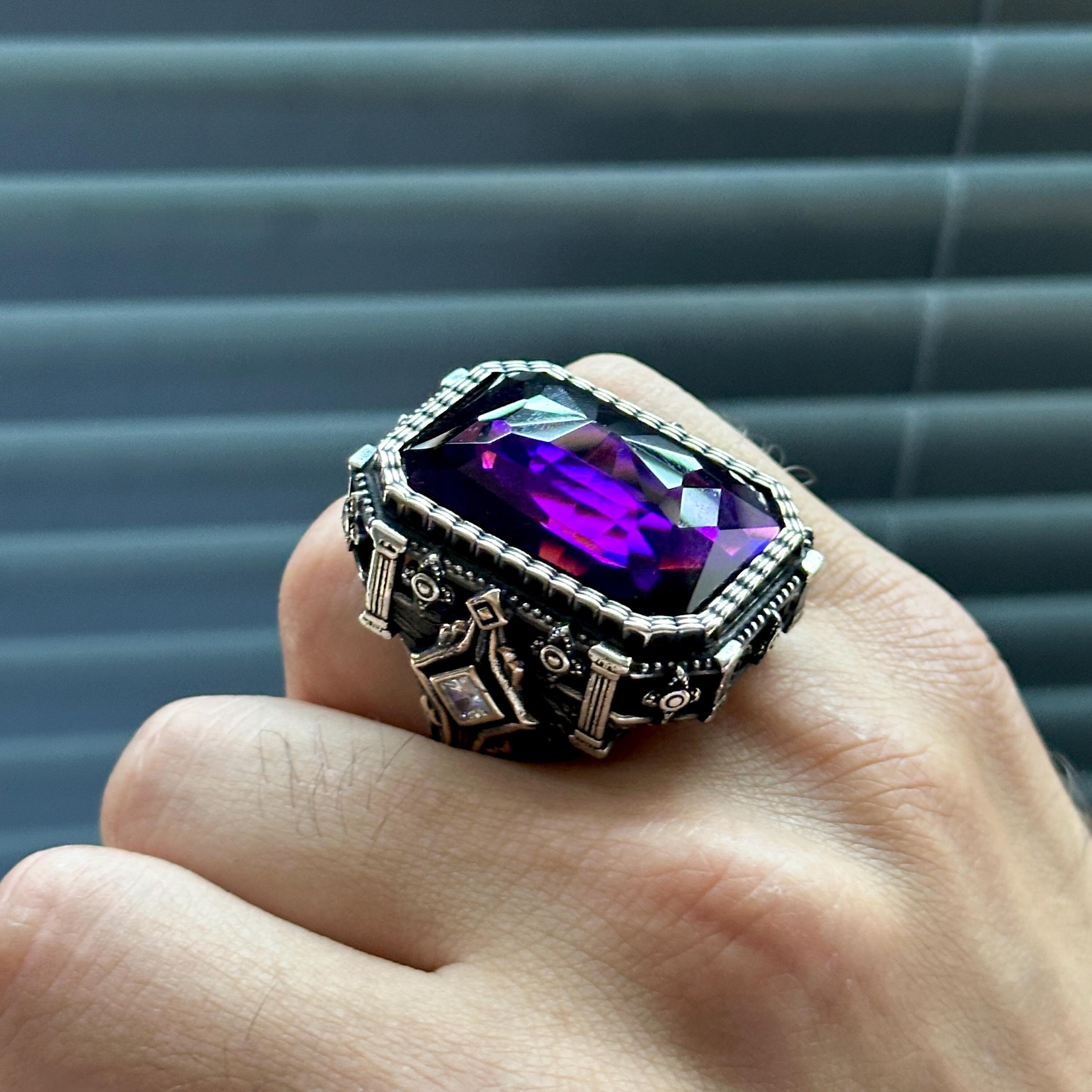 Solid 925 Sterling Silver Turkish Men's Ring – Natural Amethyst – Handmade – All Sizes