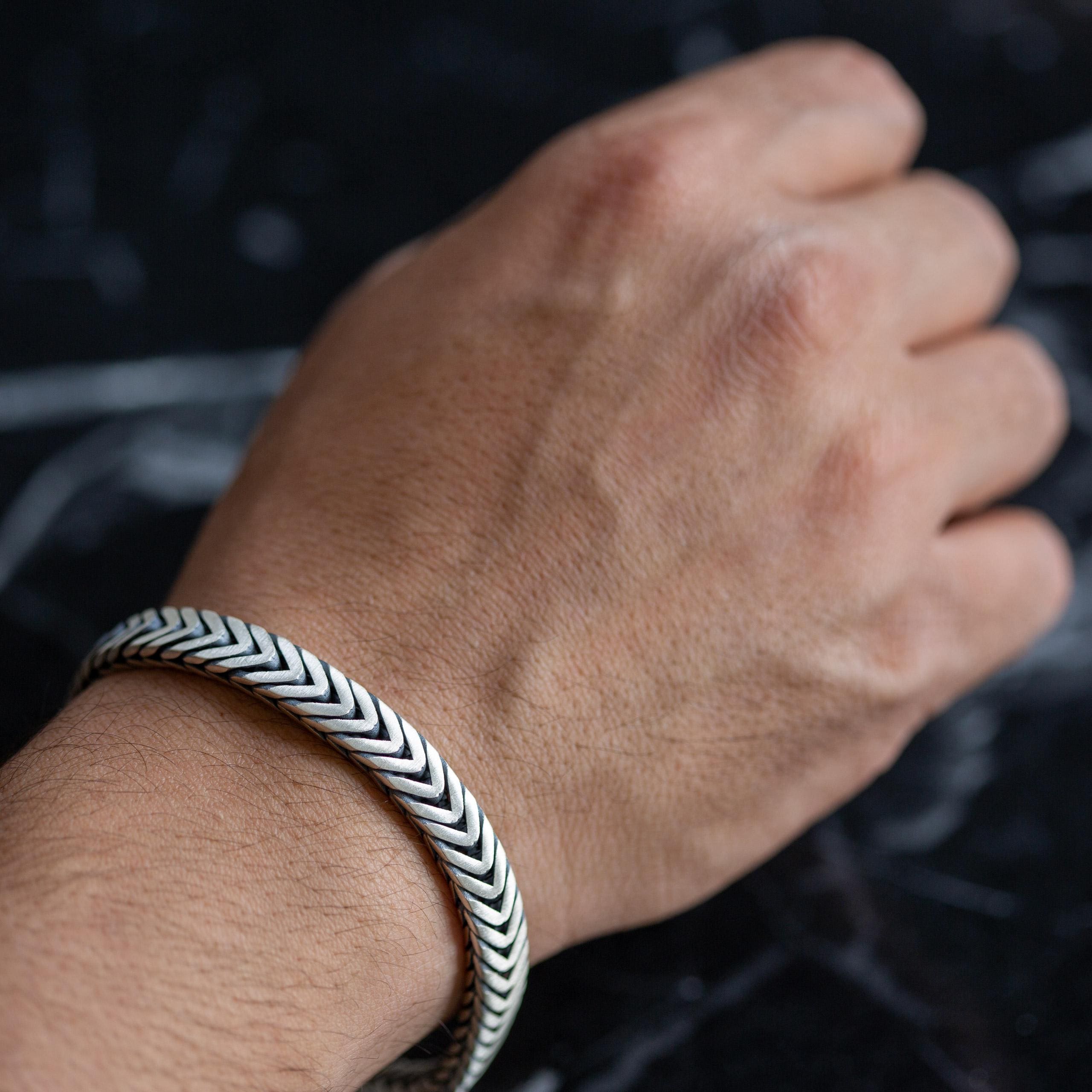 Mens Silver Foxtail Chain Bracelet, Franco Solid 925 Sterling