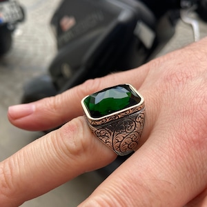 Silver Handmade Ring , Emerald Stone Ring , Silver Green Stone Ring , Engraved Silver Ring , Ottoman Style Ring , Gift For Him