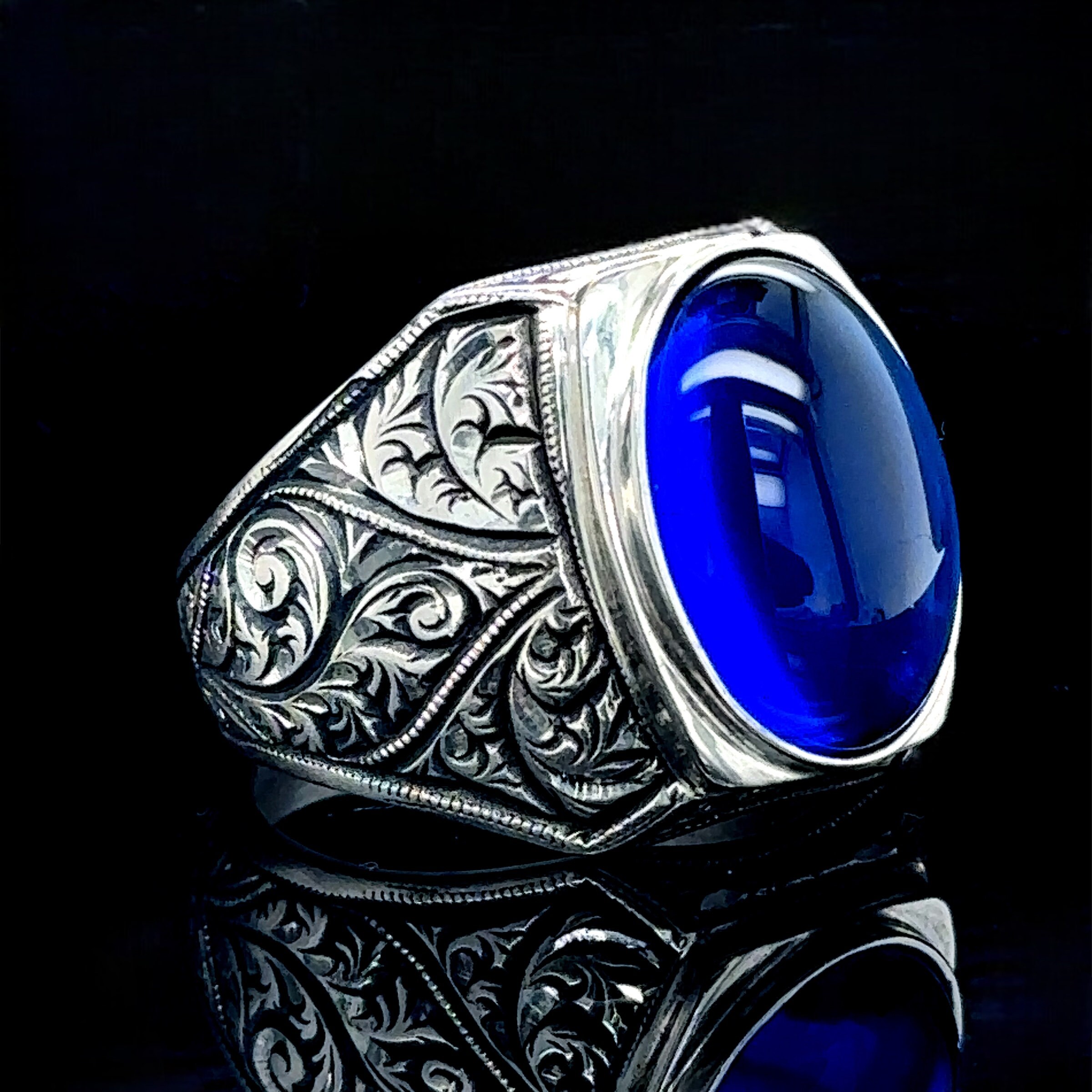Mens Sapphire Ring Natural Blue Sapphire Ring Men Sterling Silver