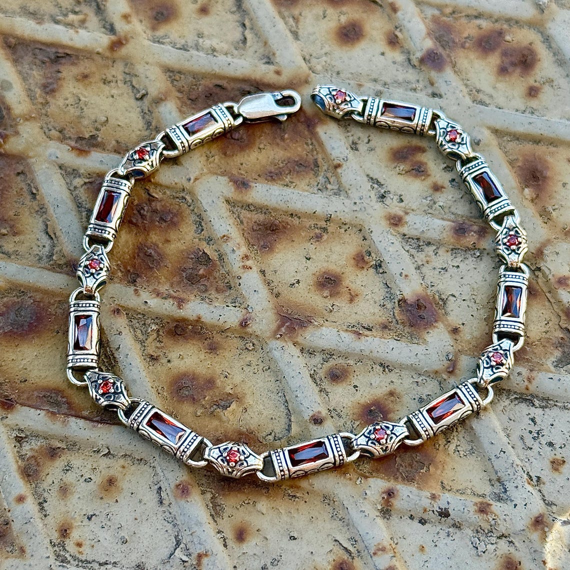 Silver Ruby Stone Chain Bracelet, Mens Engraved Ruby Bracelet, Solid ...