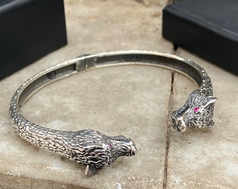 Men Sterling Silver Wolf Bracelet , Wolf Head Bracelet