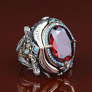 Herrring i silver med röd granatsten, herrring med röd ädelsten, herrring med vintagegravyr, turkisk handgjord ring, ringar i 925 sterlingsilver
