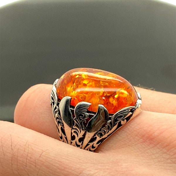 Man Amber Stone Ring, Turkısh Handmade Ring , Orange Amber Stone Ring , Ottoman Style Ring , 925k Sterling Silver Ring