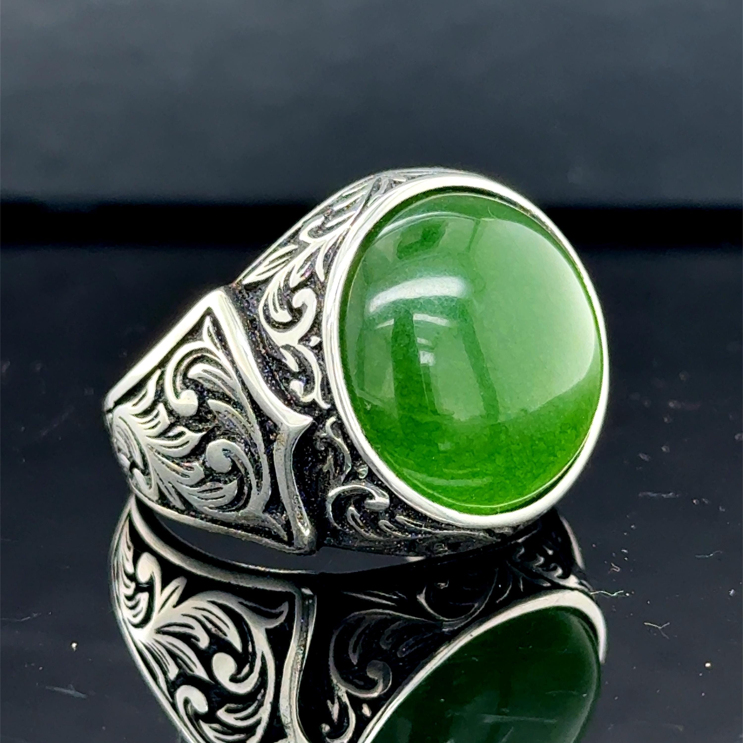 シルバーラウンド翡翠シグネットリング、本物の翡翠リング、メンズ