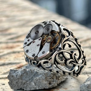 Silver Watch Mechanism Ring , Clock Mechanism Ring , Swiss Gear Ring , Reversible Watch Ring , Transmission Gear Watch Parts , 925k Silver