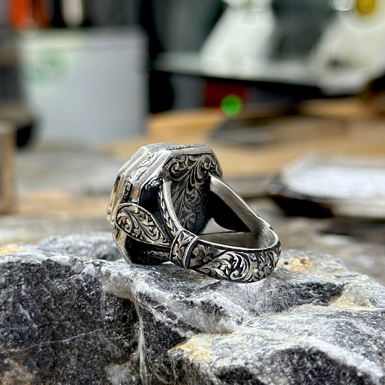 Men Silver Handmade Diamond Ring , Cz Zircon Stone Ottoman Style Men