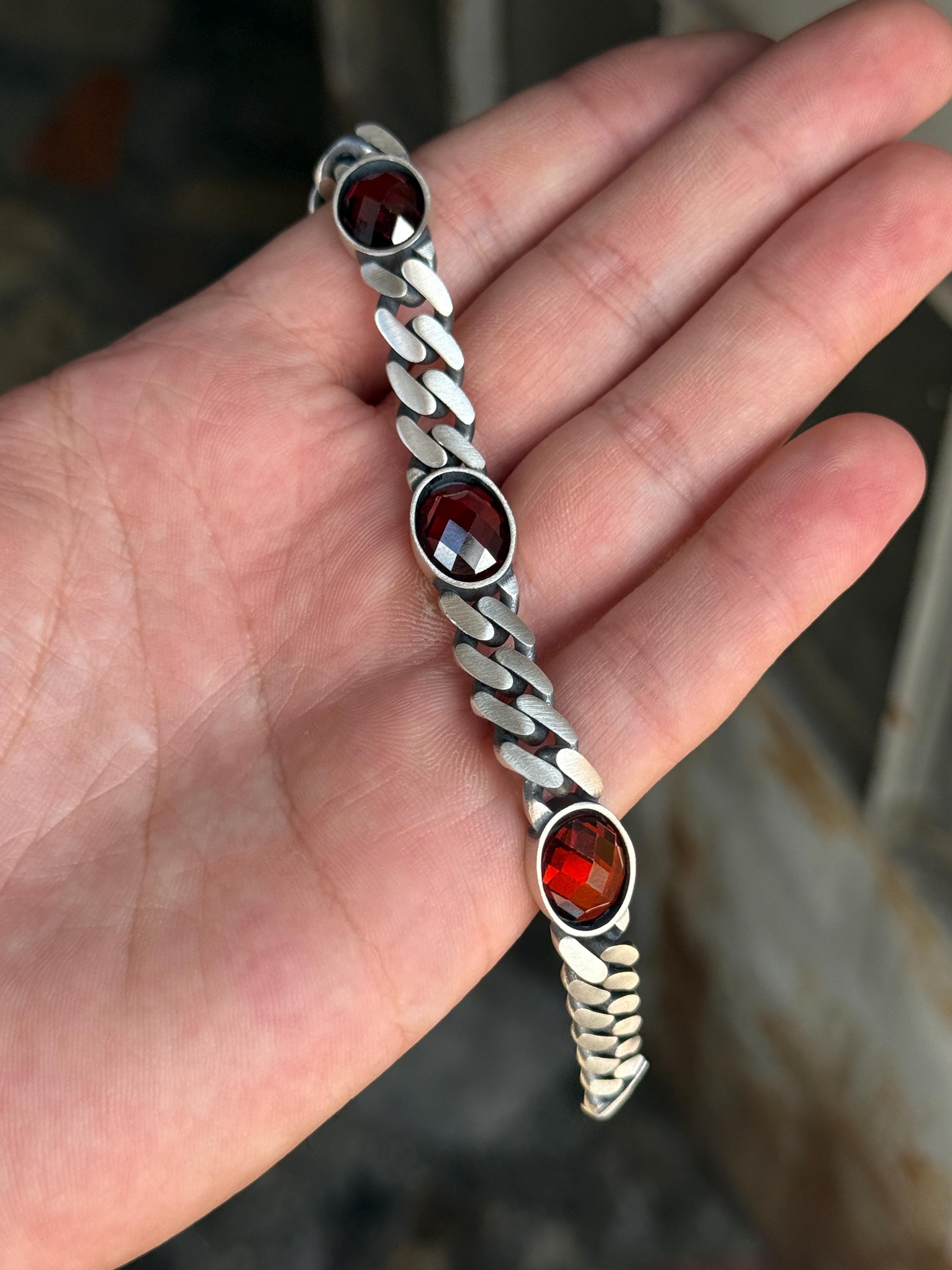Silver Garnet Stone Cuban Link Bracelet, Heavy Chain Cuban