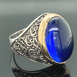 Men Blue Sapphire Stone Ring , Man Sapphire Stone Ring , Turkısh Handmade Ring , Ottoman Style Ring , 925k Sterling Silver Ring