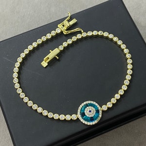 Evil Eye Bracelet , Tennis Bracelet , Blue Evil Eye Charm , Silver 18k Gold Plated Bracelet , Protection Jewelry , 925k Sterling Silver